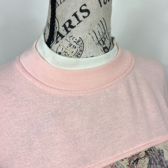 Vintage Grannycore pink fleece lined sweater w/ fake collar & tapestry blocking - Picture 5 of 11